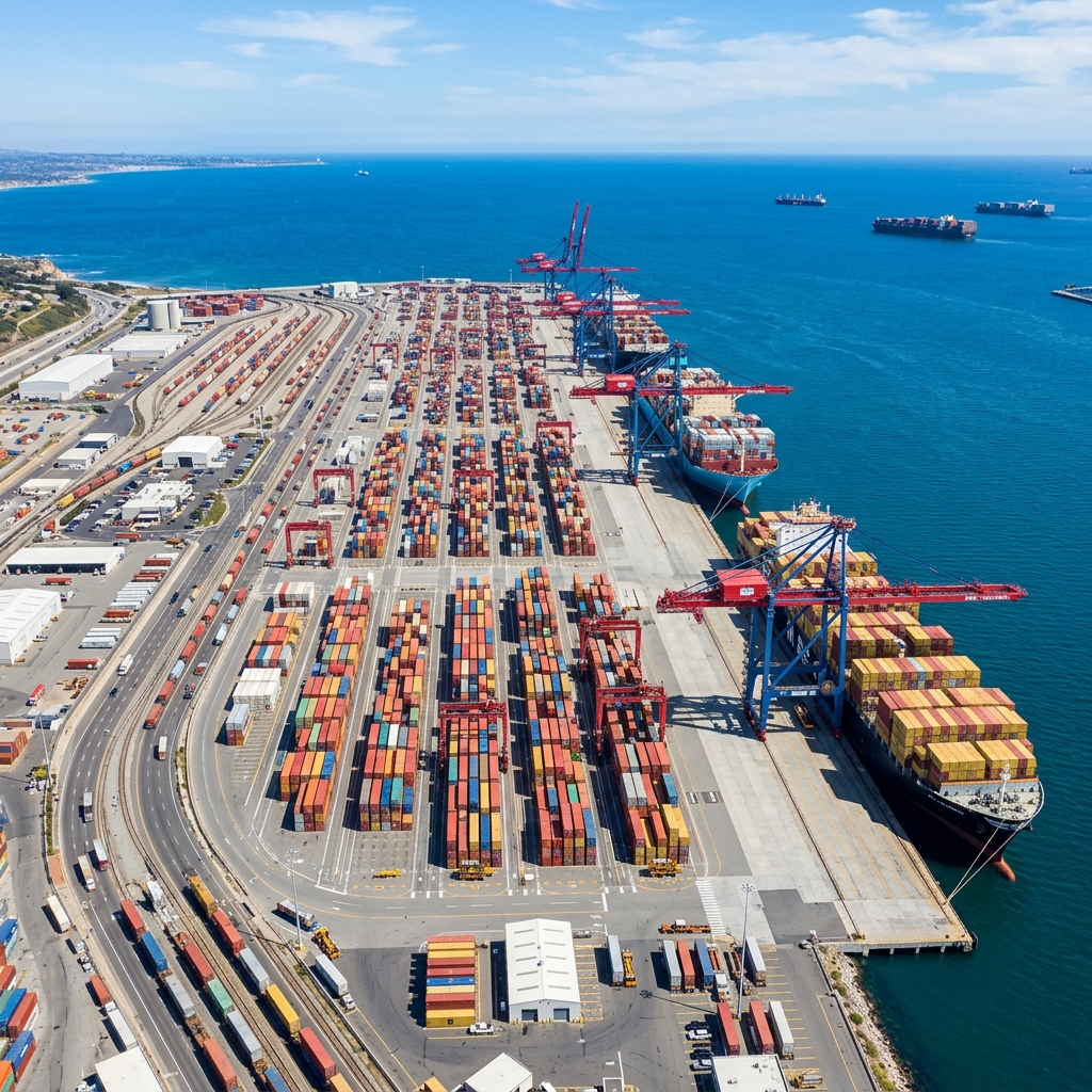 Logística — Terminal portuário com contêineres e navios de carga