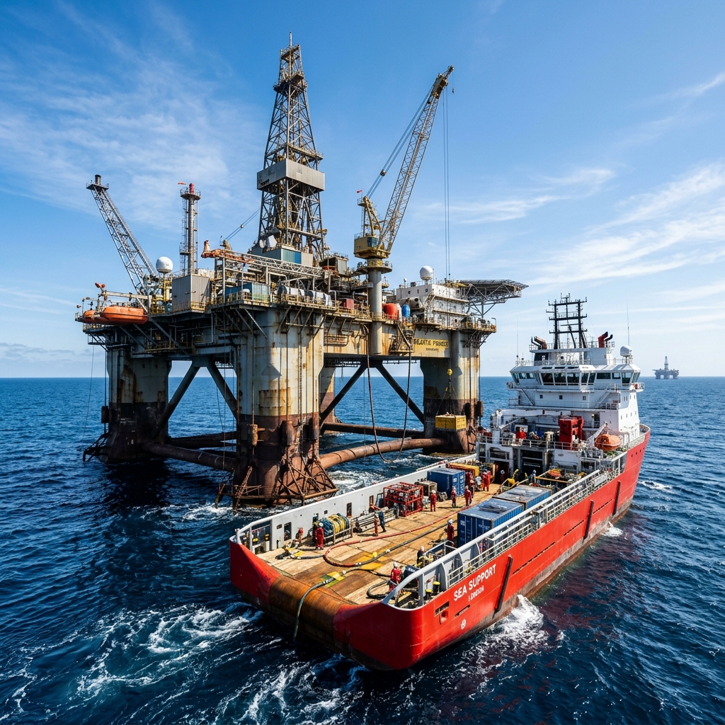 Apoio Marítimo — Navio de suprimentos operando junto a plataforma offshore